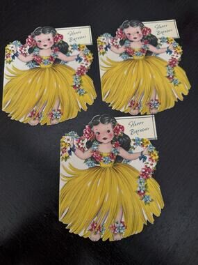 3 HAWAIIAN GIRL DOLL Front & Back 1948 Birthday Greetings Inc Card Signed